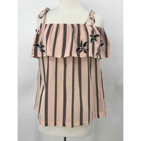 Loft Blouse Womens 6 Peach Off The Shoulder Striped Floral Ruffle Top Casual - Picture 1 of 8